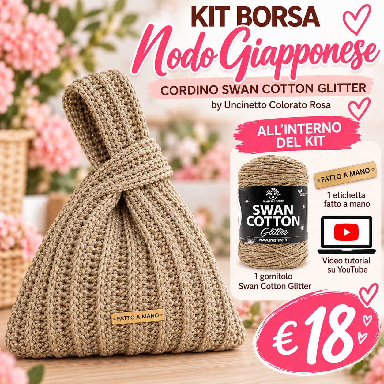 Il Filo di Arianna Nodo Giapponese kit borsa Panna Oro