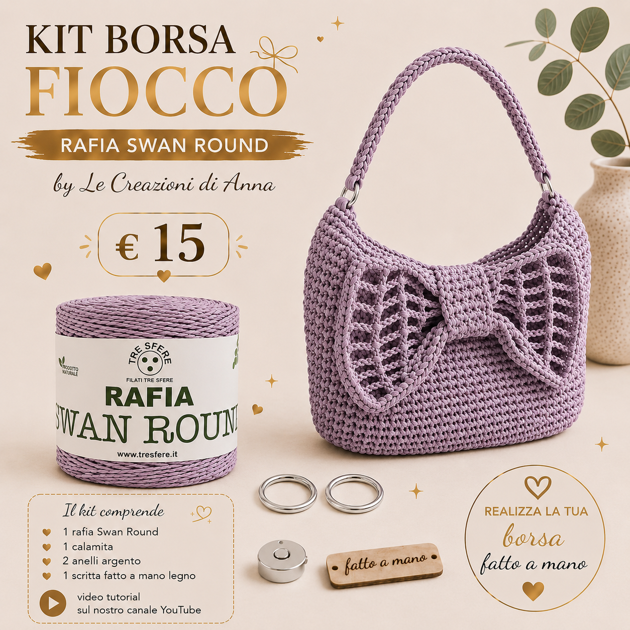Il Filo di Arianna Fiocco kit borsa rafia beige 01