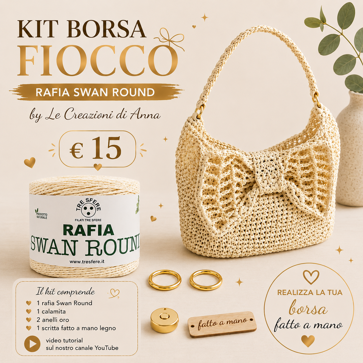 Il Filo di Arianna Fiocco kit borsa rafia beige 01