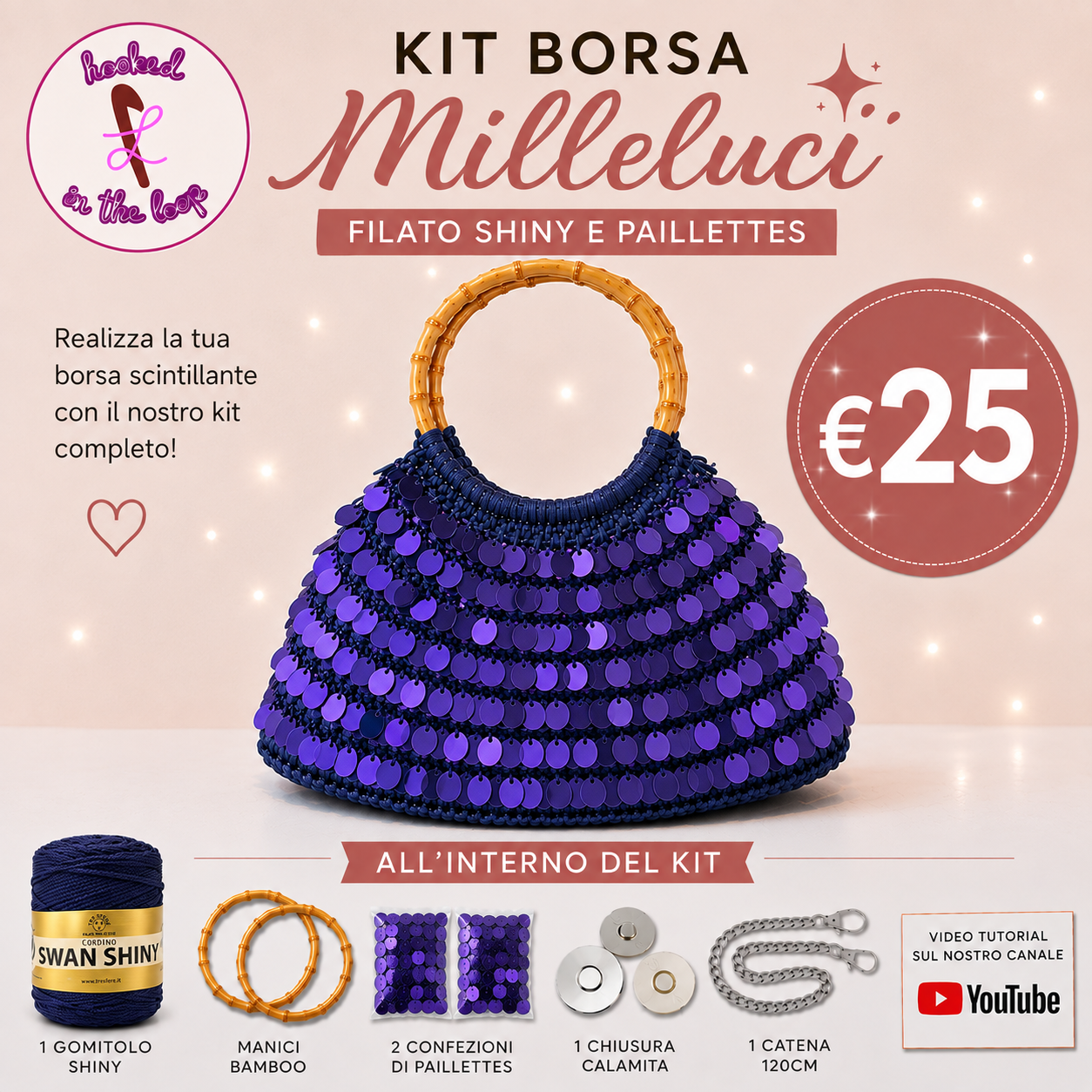 Il Filo di Arianna Milleluci kit borsa uncinetto mix azzurro e argento