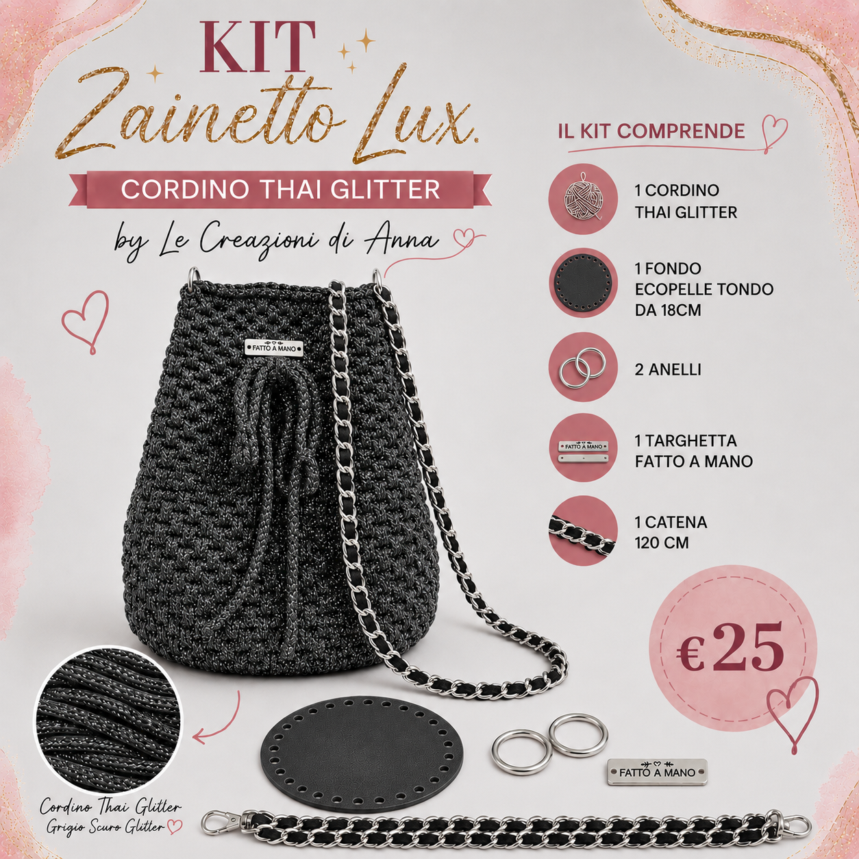 Il Filo di Arianna Zainetto Lux kit borsa bordo-oro 007 glitter