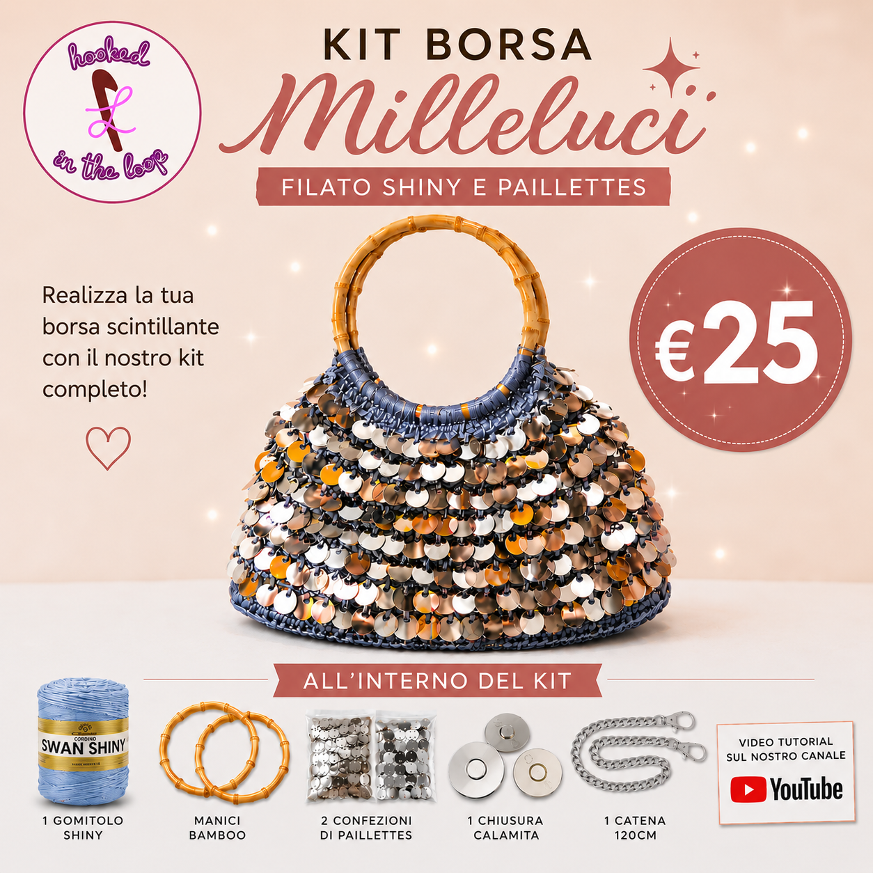Il Filo di Arianna Milleluci kit borsa uncinetto mix azzurro e argento