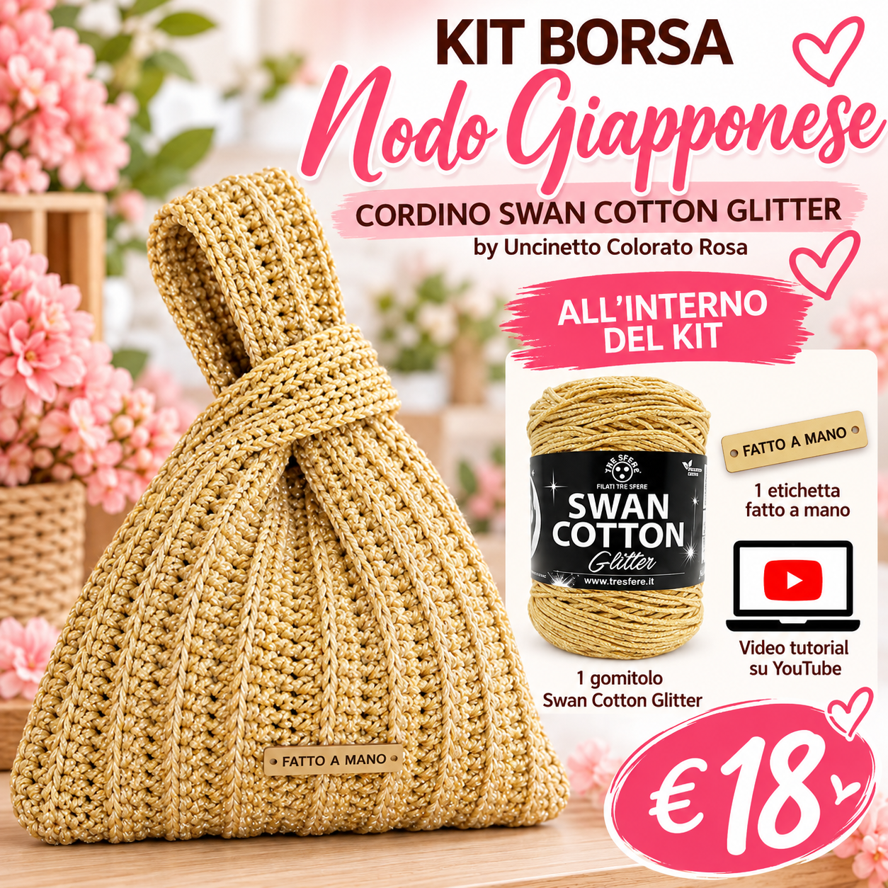 Il Filo di Arianna Nodo Giapponese kit borsa Panna Oro