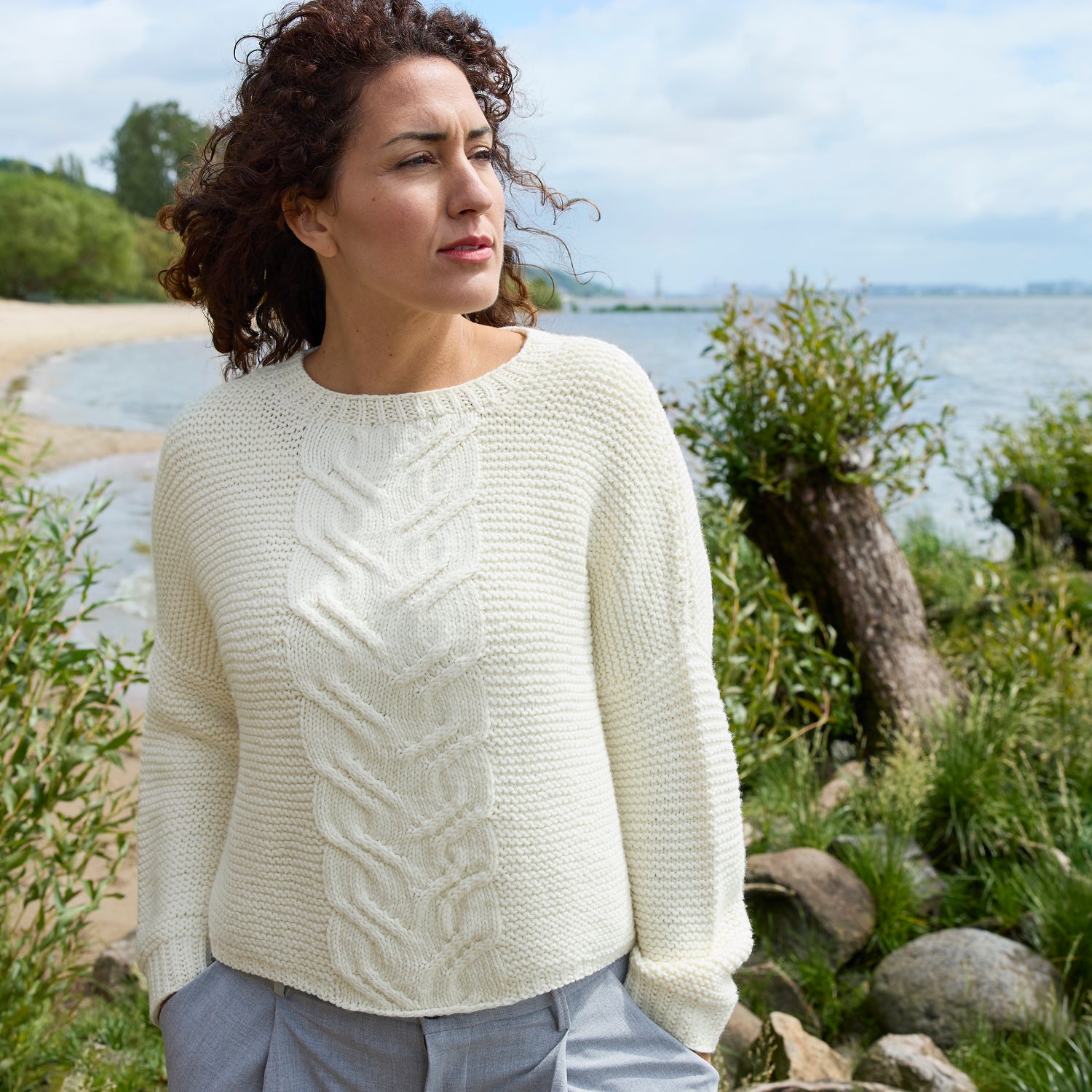 Rosy Green Wool Juhla schema maglione a trecce
