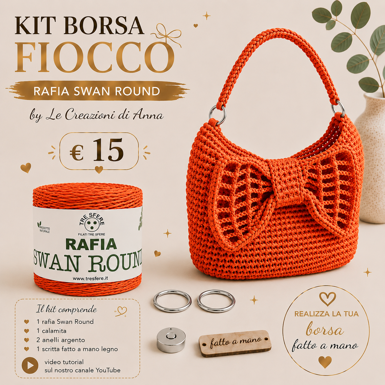 Il Filo di Arianna Fiocco kit borsa rafia beige 01