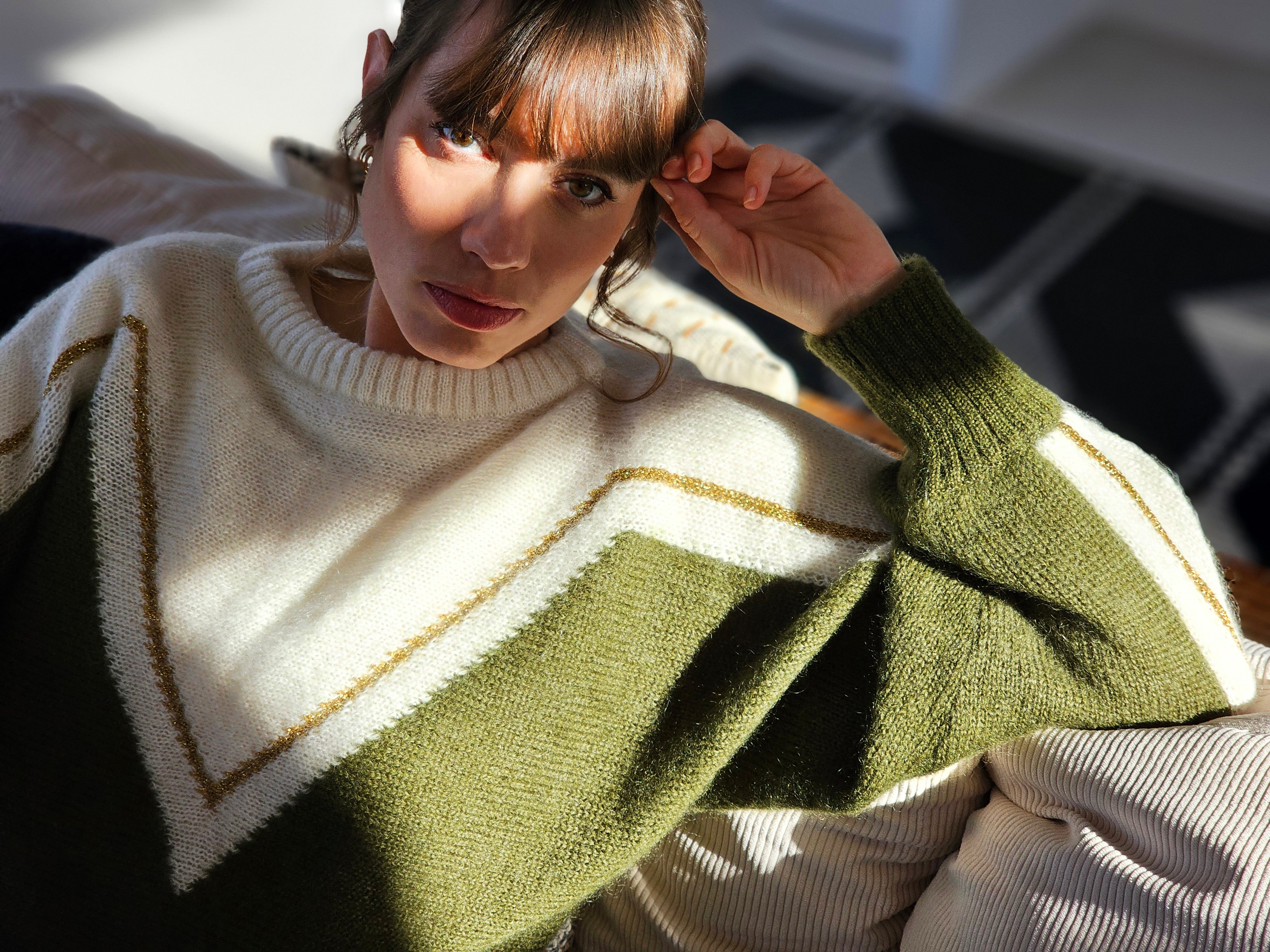 Anny Blatt Cyclone maglione mohair donna Kaki e oro