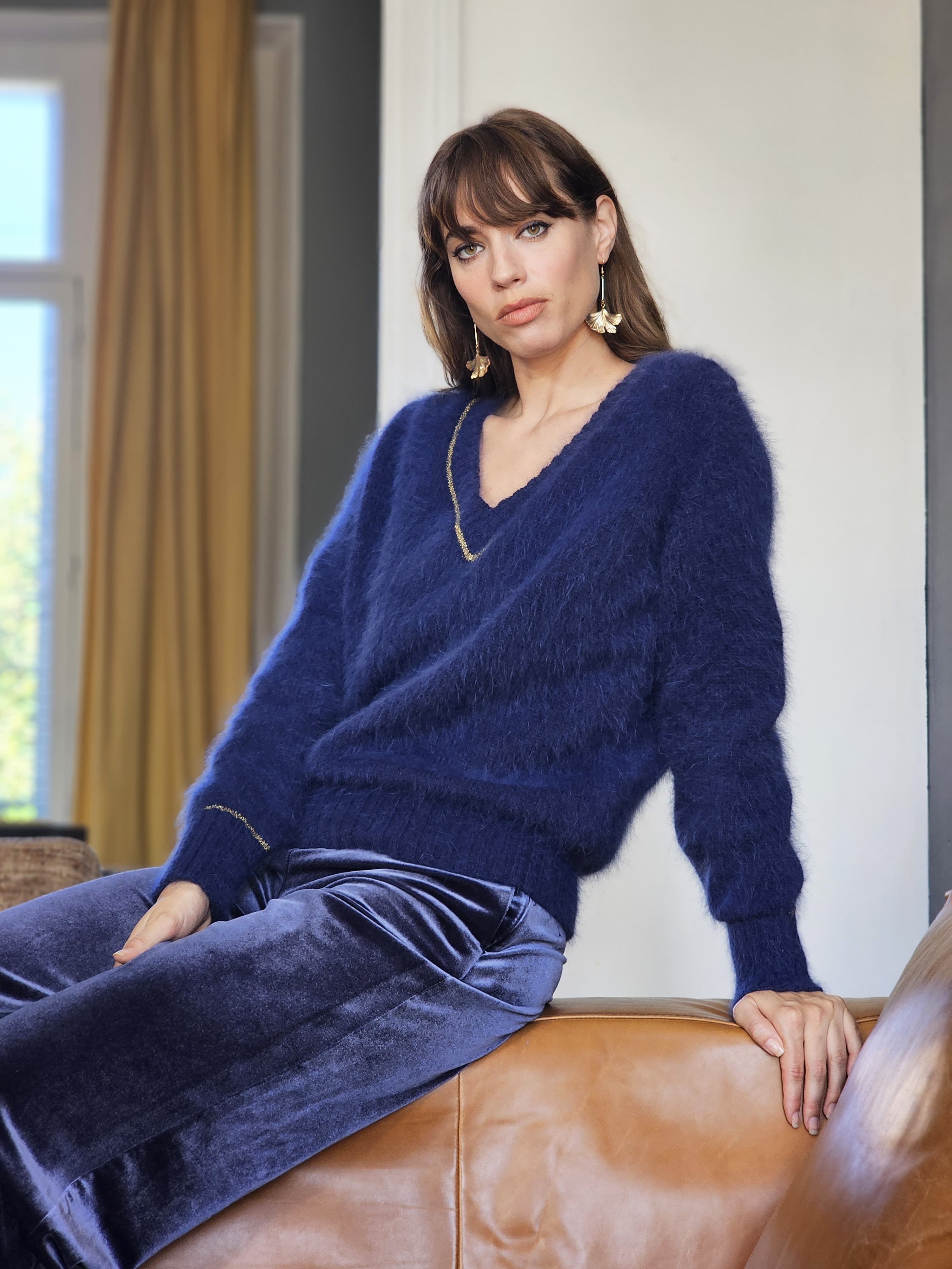 Anny Blatt Avy pull donna marine oro taglia XS angora