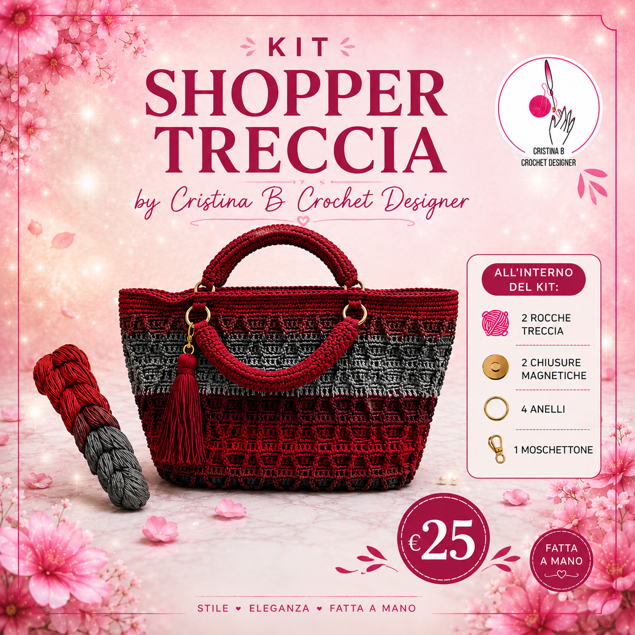 Treccia Shopper Kit borsa uncinetto Mix Rosso Grigio