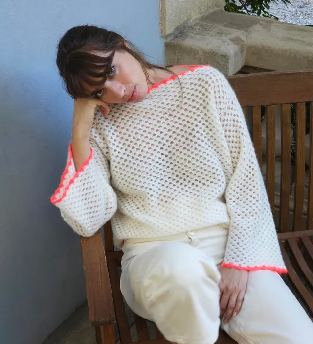 Annyblatt Eva kit pullover uncinetto mohair naturale neon
