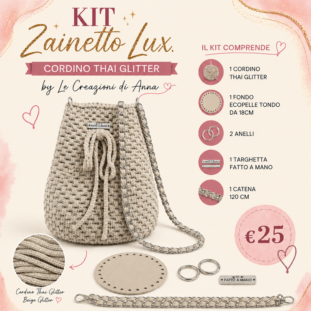 Il Filo di Arianna Zainetto Lux kit borsa bordo-oro 007 glitter