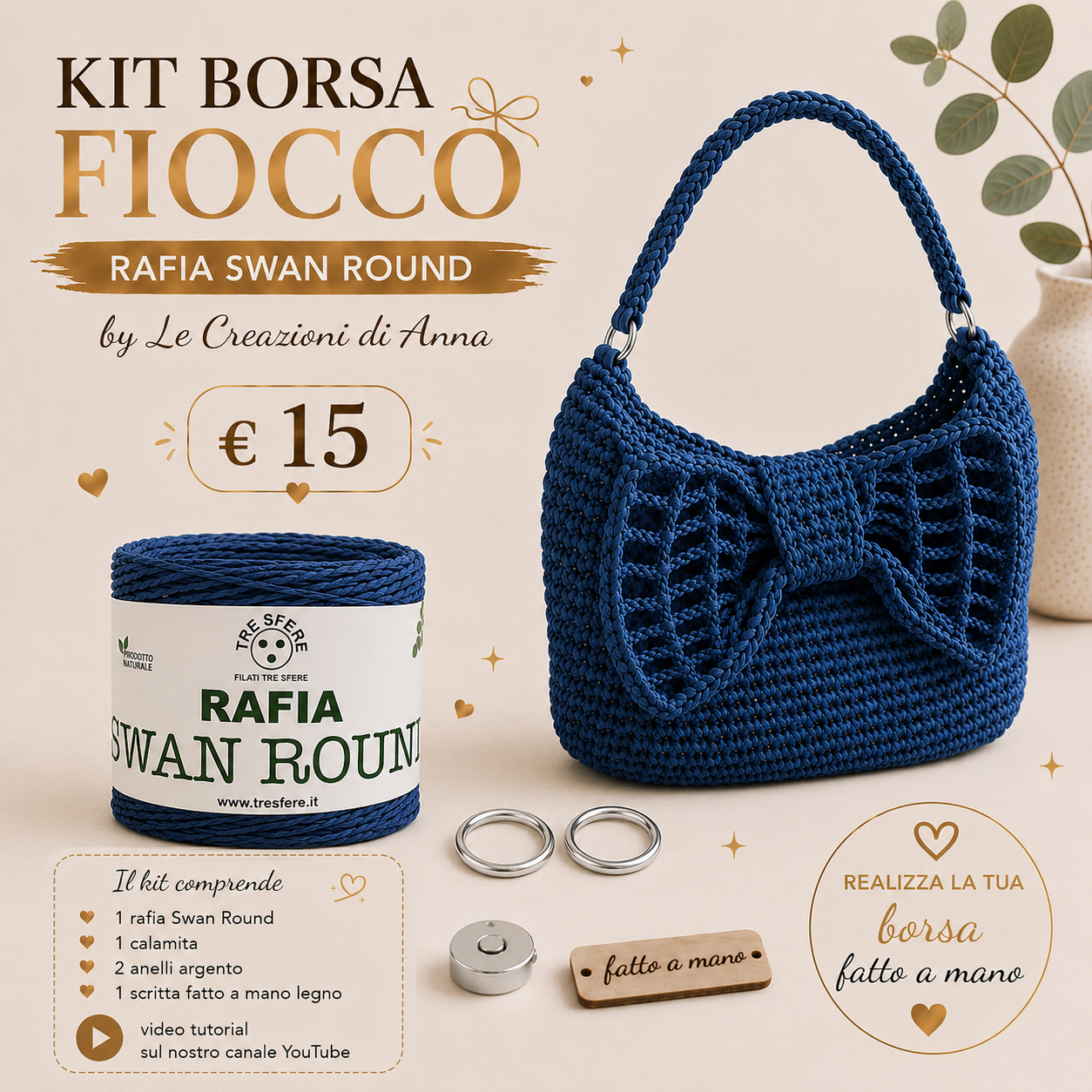 Il Filo di Arianna Fiocco kit borsa rafia beige 01