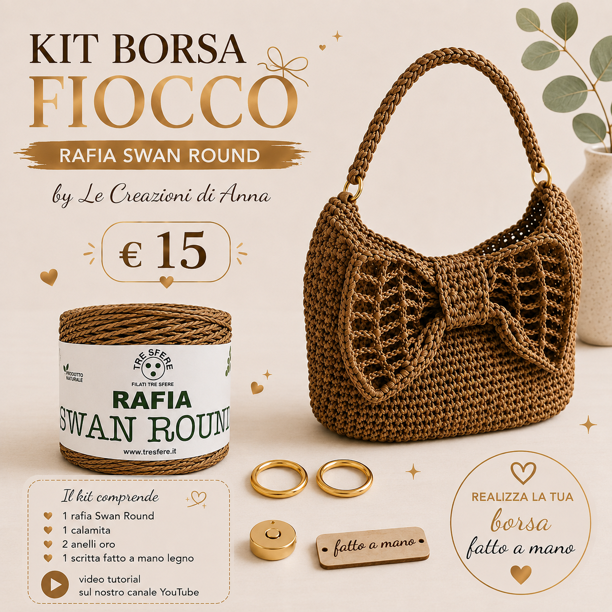Il Filo di Arianna Fiocco kit borsa rafia beige 01