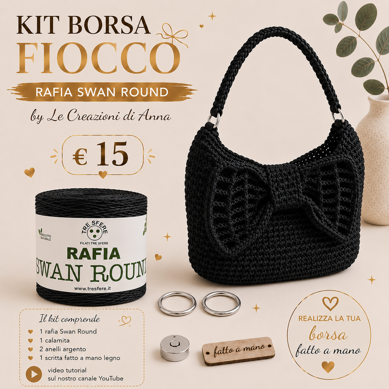 Il Filo di Arianna Fiocco kit borsa rafia beige 01