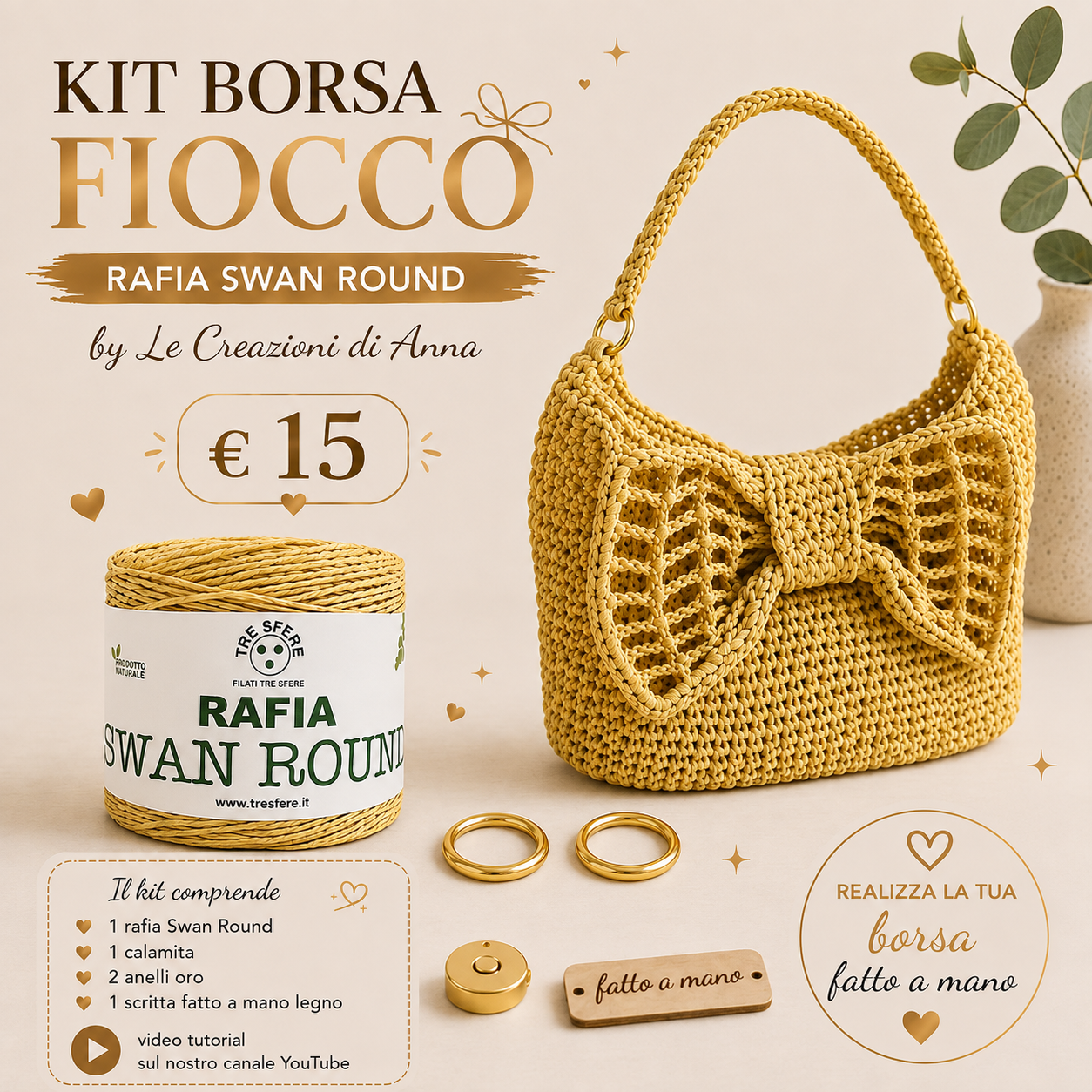 Il Filo di Arianna Fiocco kit borsa rafia beige 01