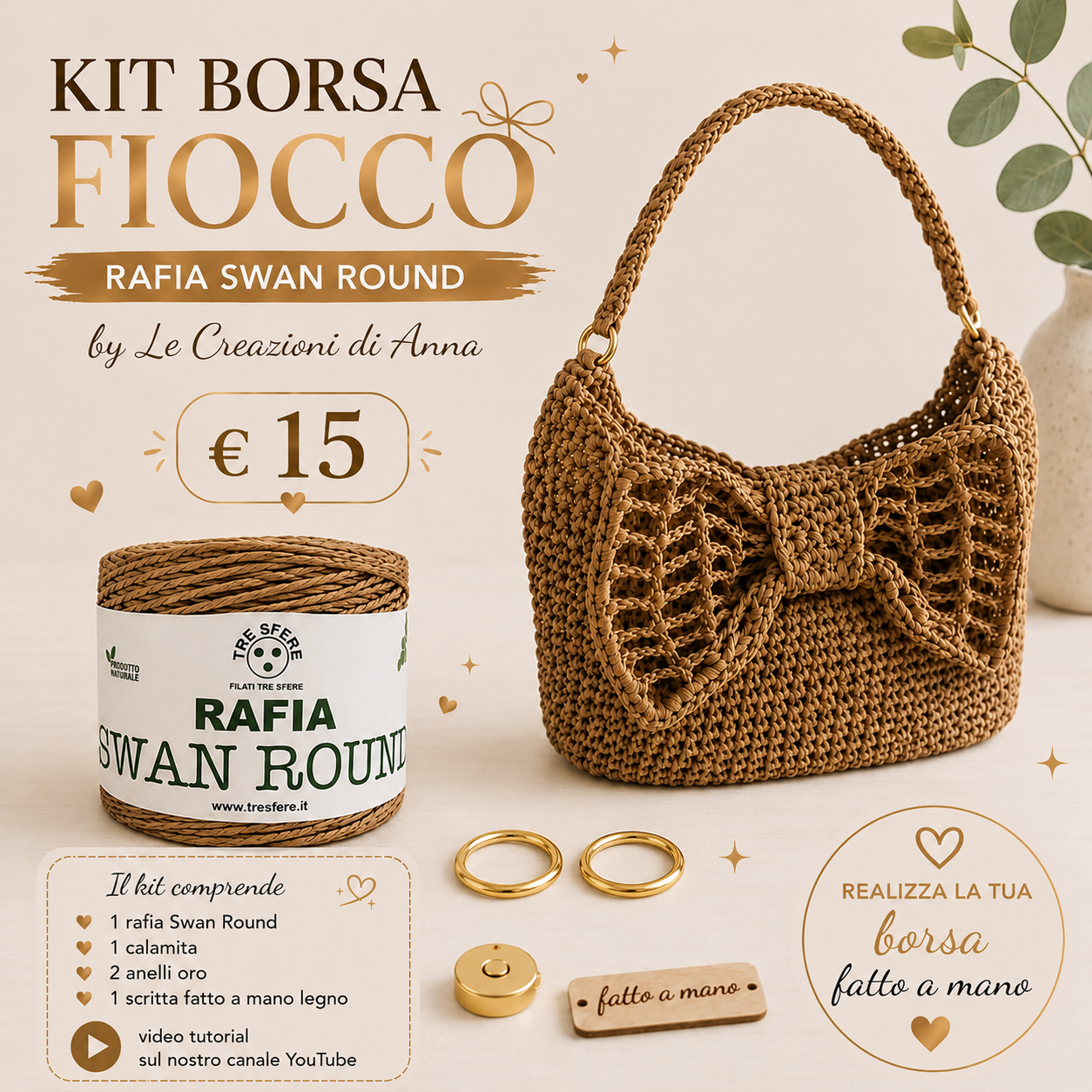 Il Filo di Arianna Fiocco kit borsa rafia beige 01