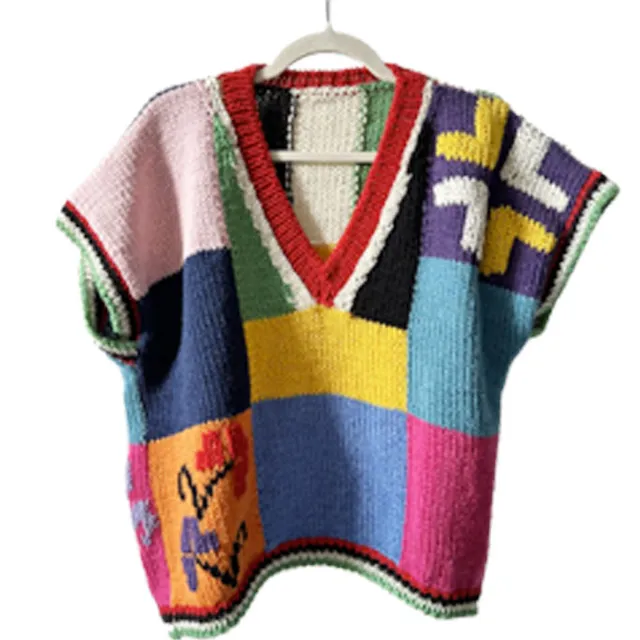 Gomitolorosa Maxi Tatreez gilet in lana fatto a mano