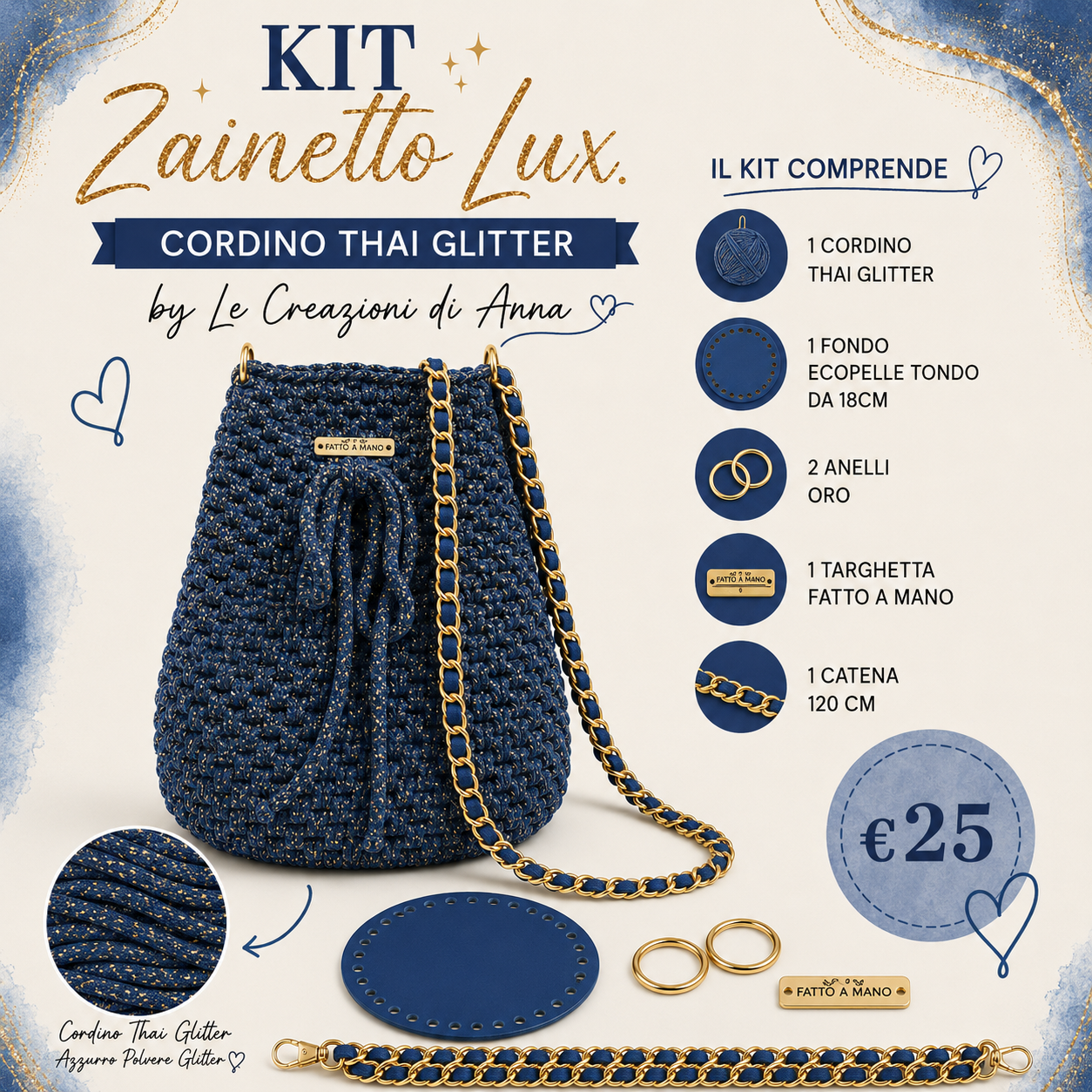 Il Filo di Arianna Zainetto Lux kit borsa bordo-oro 007 glitter
