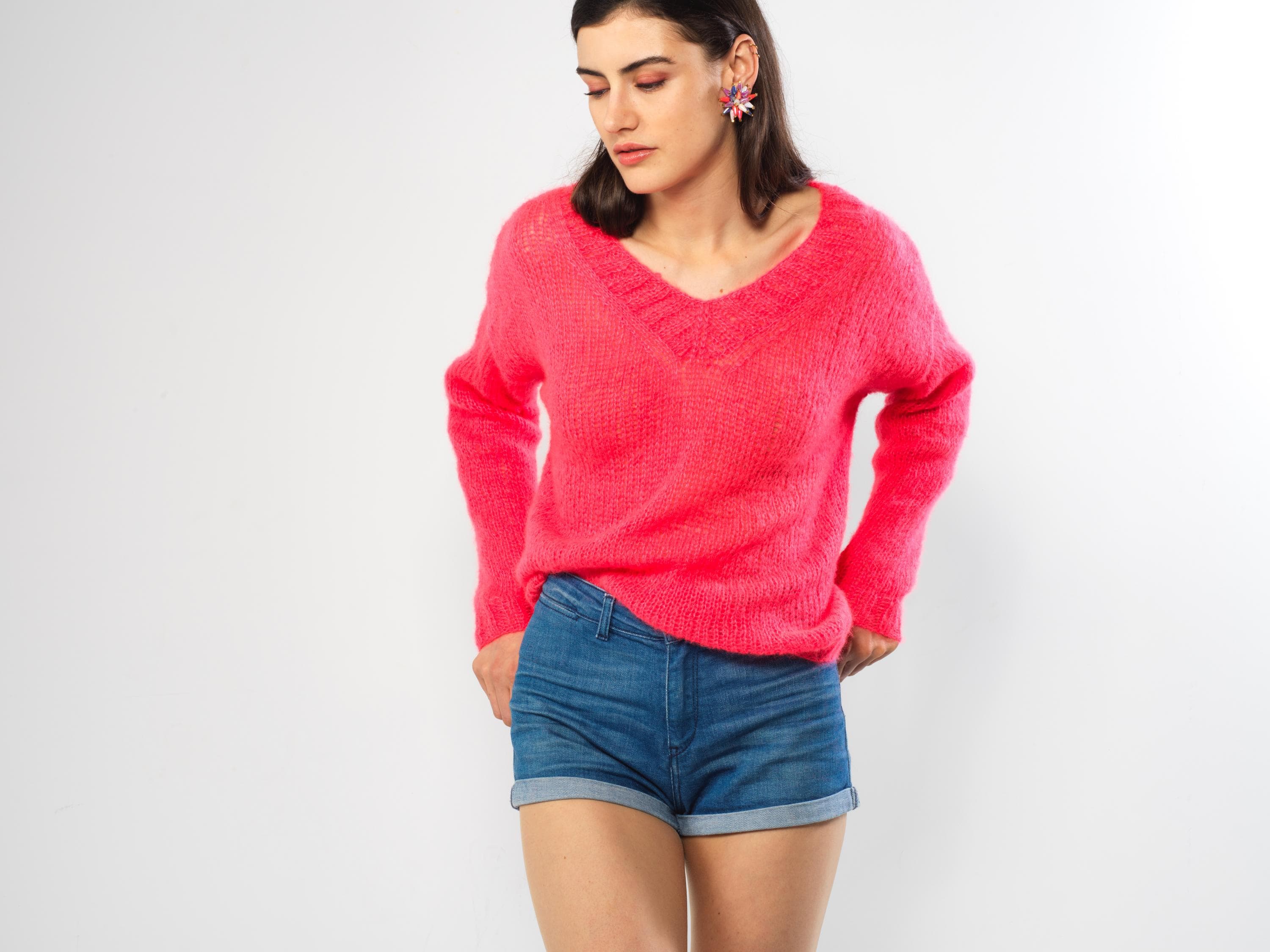Annyblatt Pull Nina kit maglia scollo V mohair neon taglia M