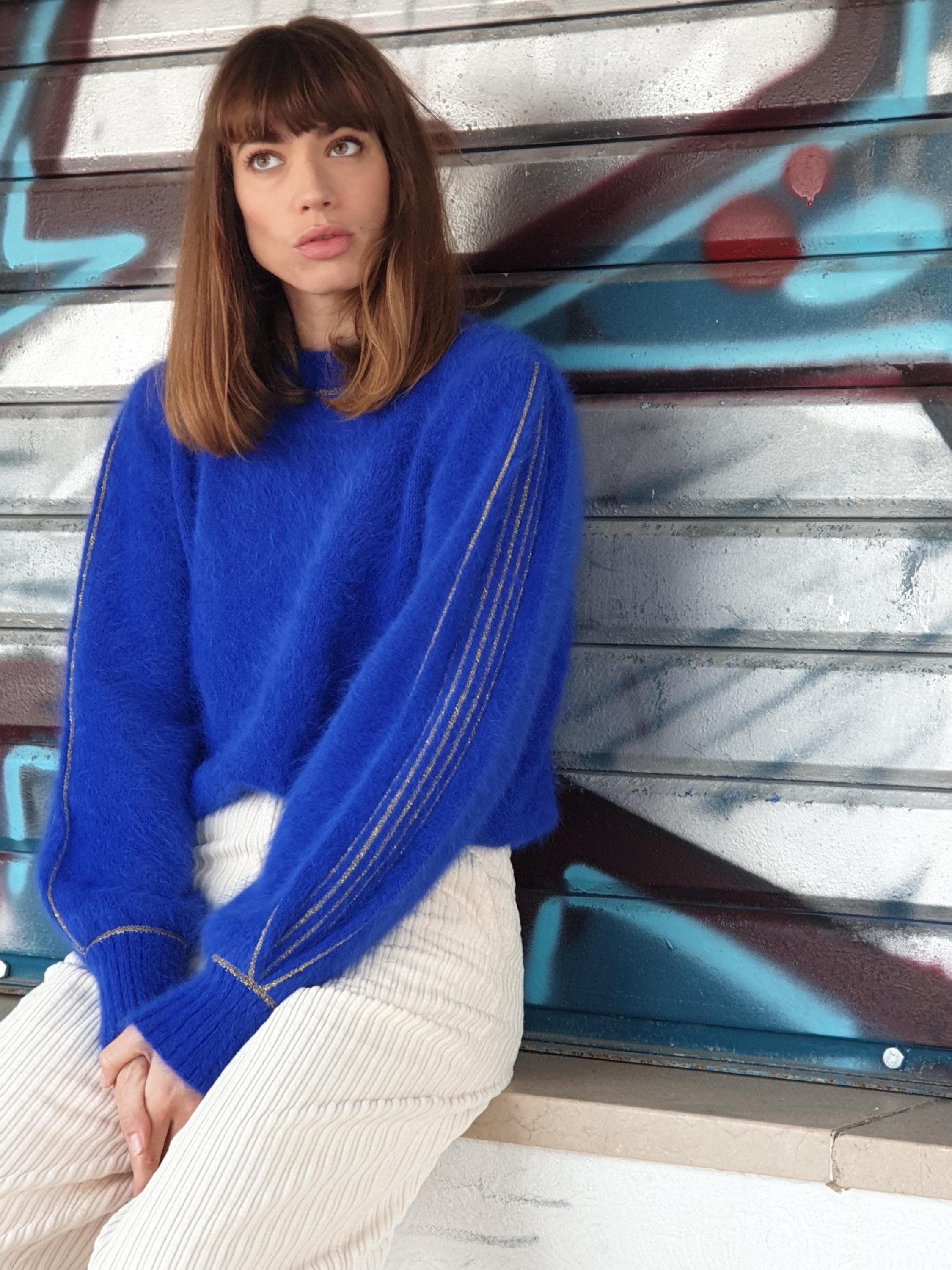 Annyblatt Alix maglione angora blu Olimpiade e oro