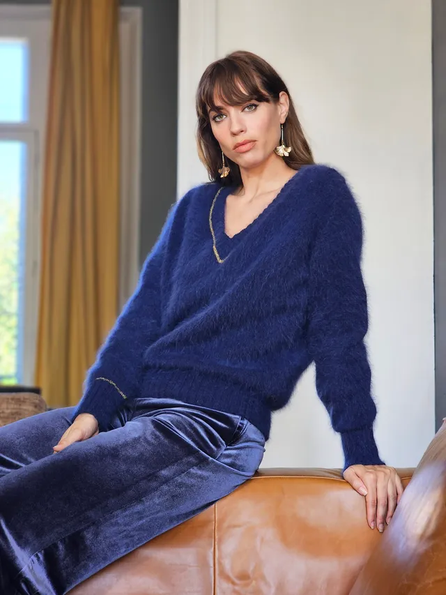 Anny Blatt Avy pull donna marine oro taglia XS angora